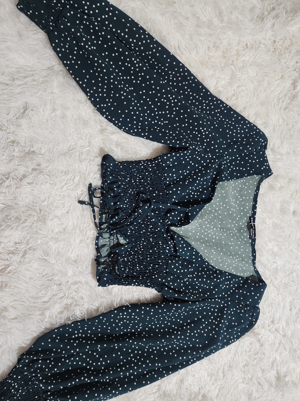 SHEIN Navy Blue White Polka Dot Long Sleeve Smocked Waist Top